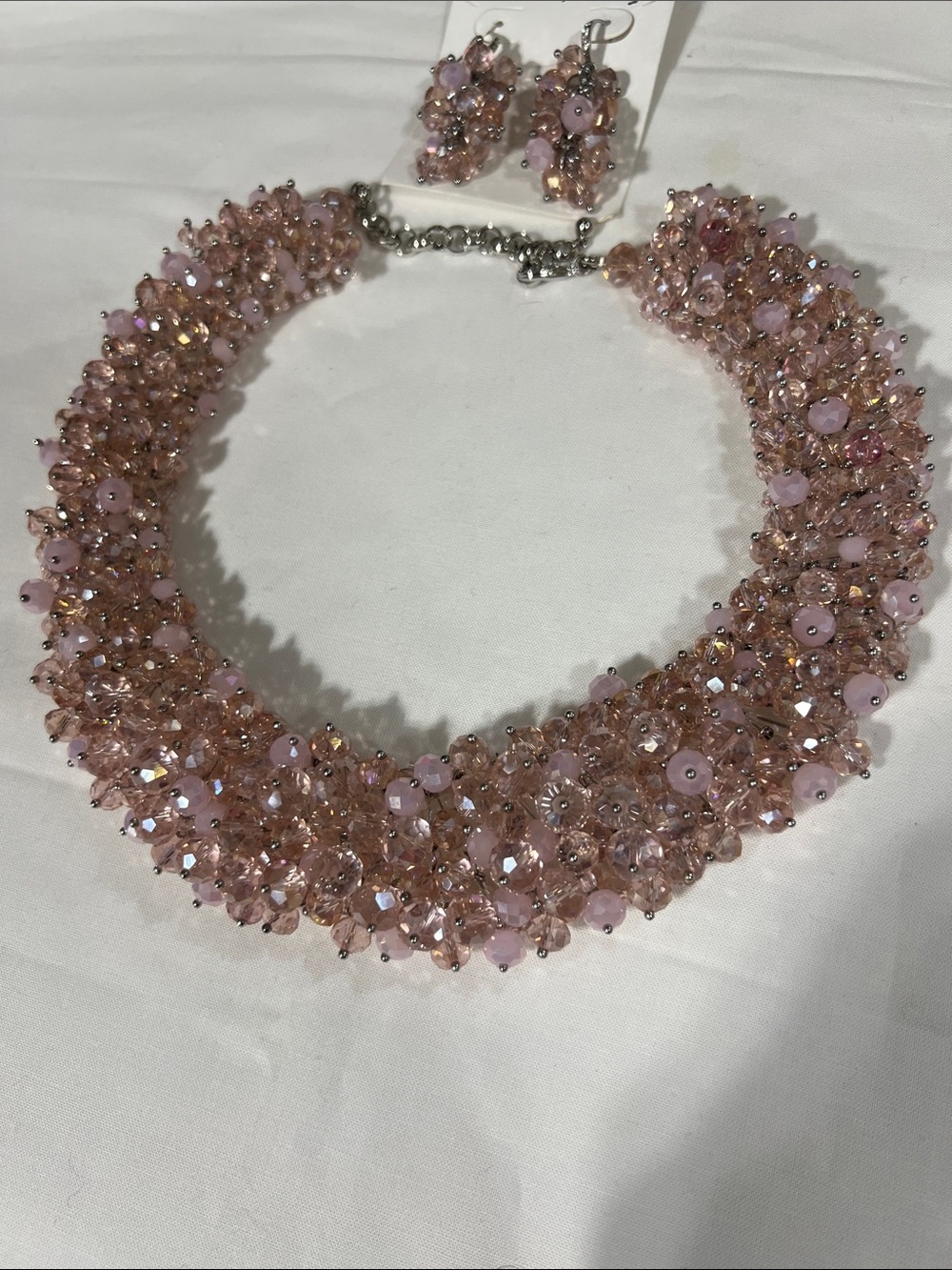 Elegant Pink Crystal Cluster Necklace and Earring Set